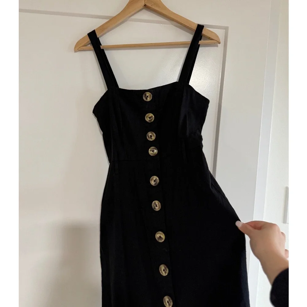 FOREVER 21 Black Linen Blend Button Down Midi Dress EUC - Picture 2 of 7